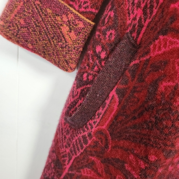 KOOI Knit Long Cardigan Sweater Red Draped Collar Lambswool Pockets Size Medium - Picture 7 of 13